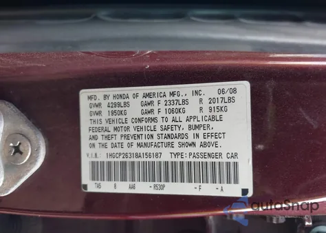 2008 Honda Accord 2.4 Lx из США, поврежденный, VIN 1HGCP26318A156187